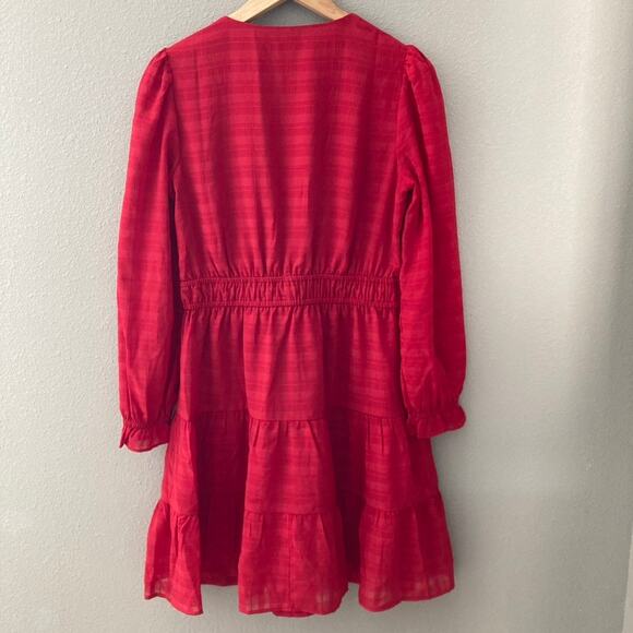 LOFT V Neck Textured Embossed Tiered Dress - Scarlet Red - 4 - Picture 5 of 11